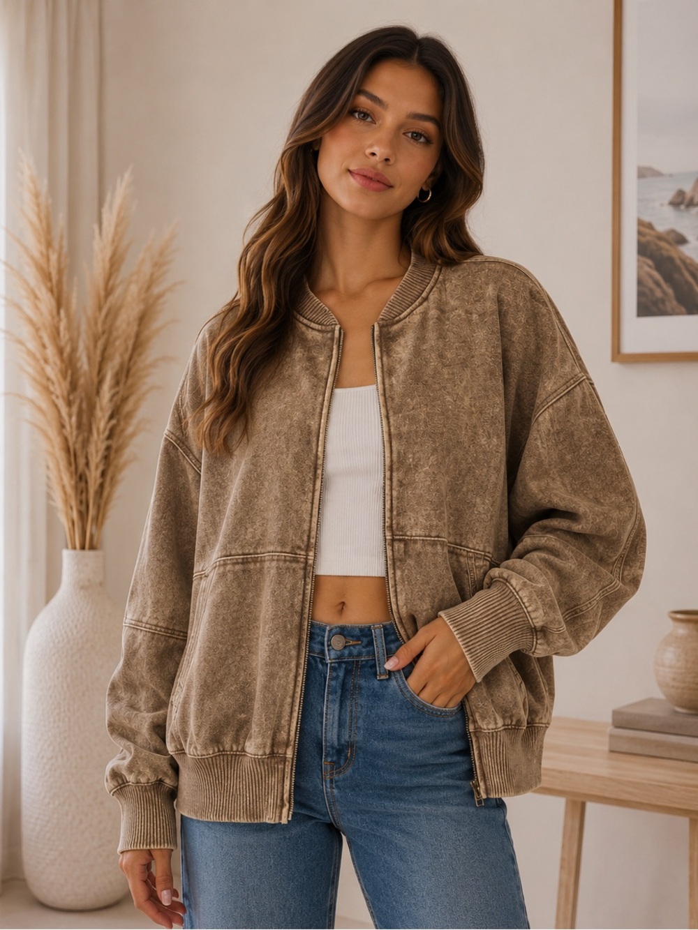 623. Women's Mocha Brown Acid Washed Fleece Jacket Front Zip